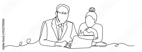 art of a continuous line of a group of work teams having a meeting and working in front of a laptop. vector illustration with a white background