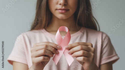Woman holding pink ribbon breast cancer awareness