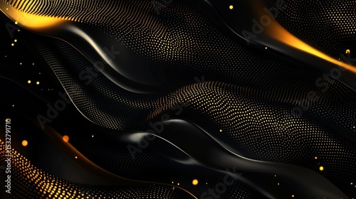 Abstract background with black and gold waves, textured with tiny gold dots and soft highlights, flowing design