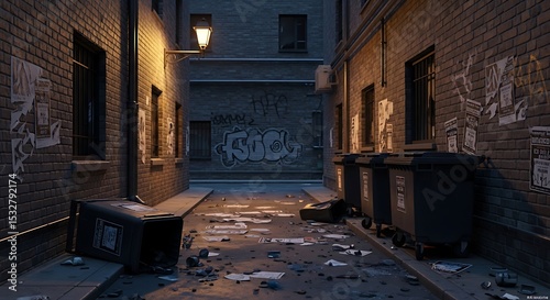 Dark Urban Alleyway Graffiti, Trash, and Nighttime Atmosphere