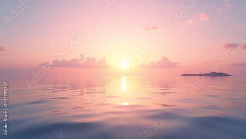 Serene Pink Sunset over Calm Ocean Waters with Distant Island Silhouette