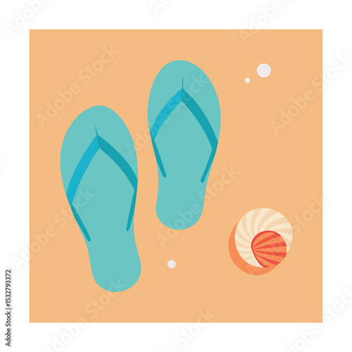Flip Flops and Seashell on Sandy Beach Top View