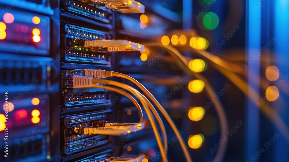 Naklejka premium Illuminated Server Room: Network Infrastructure Close-Up