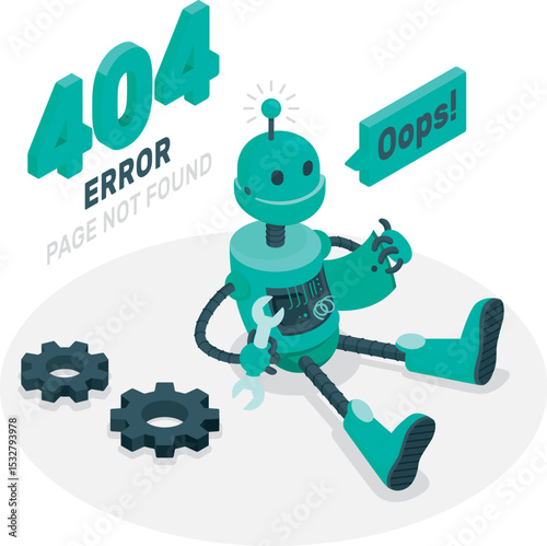Cartoon isometric three-dimensional business vector illustration, 404 error page, Sorry, no page and error code found by concept illustration