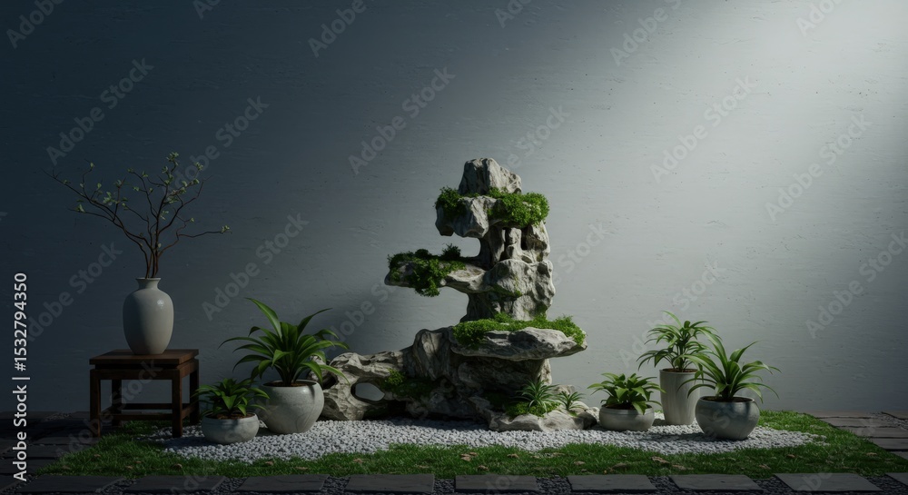 Obraz premium Serene Zen Garden with Rocks and Plants: An elegant zen garden features a meticulously crafted arrangement of natural elements.