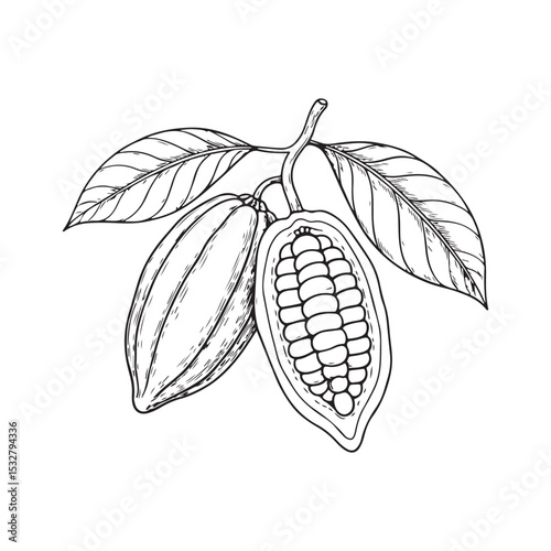black cacao beans, Line art illustration of two cocoa pods on a branch with leaves