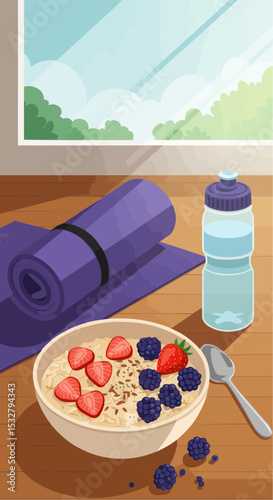 Berry Cheesecake Chia Pudding with strawberries and blueberries on a mat  