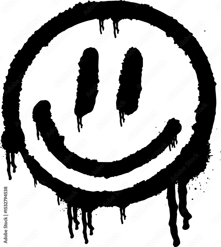 Naklejka premium Dripping black graffiti-style smiley face is floating on transparent background