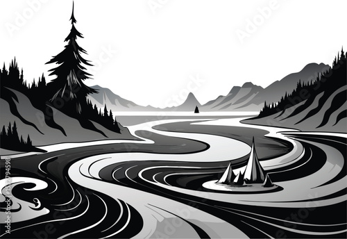 A collection of serene mountain landscape illustrations, featuring lakes, evergreen trees, and abstract mountain ranges rendered in a flat, stylized aesthetic with calming color palettes