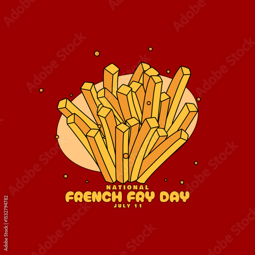 National French Fry Day to celebrate on July 11th. Illustration of abundant French fries on maroon background. Food event banner.