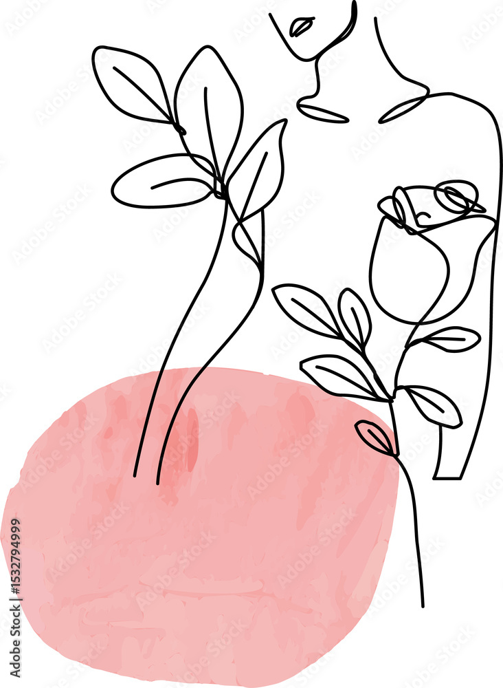 Obraz premium Flat line-art female form is entwining rose stems and leaves over pink wash, transparent background