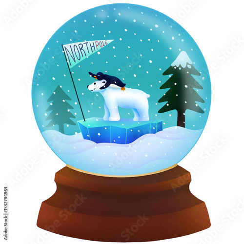 Vector snow globe is featuring polar bear and penguin on ice floe with flag, transparent background