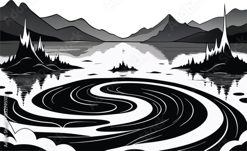 A collection of serene mountain landscape illustrations, featuring lakes, evergreen trees, and abstract mountain ranges rendered in a flat, stylized aesthetic with calming color palettes