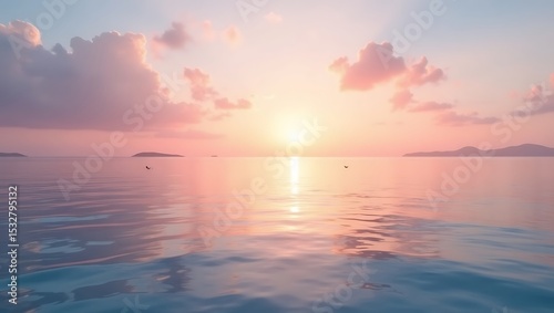 Serene Sunset over Calm Ocean Waters Peaceful Sky Island Horizon Tranquil Nature Scene
