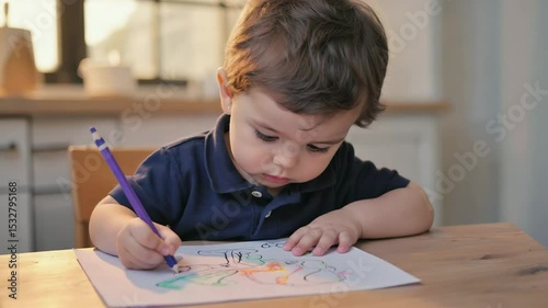 Little Artist at Work: Focused Toddler Drawing with Crayon in Cozy Home Interior