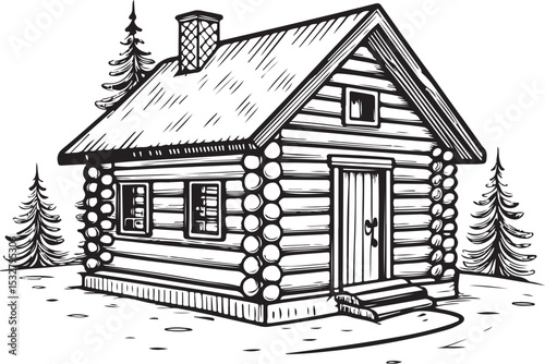 Log Cabin Nordic Chalet Vector Illustration, Sketch Drawing Line Linear Symbol Icon Engraving Coloring Book, Hand-drawn Black and White Isolated