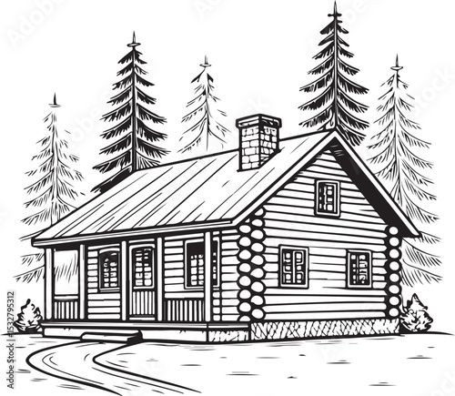 Log Cabin Nordic Chalet Vector Illustration, Sketch Drawing Line Linear Symbol Icon Engraving Coloring Book, Hand-drawn Black and White Isolated