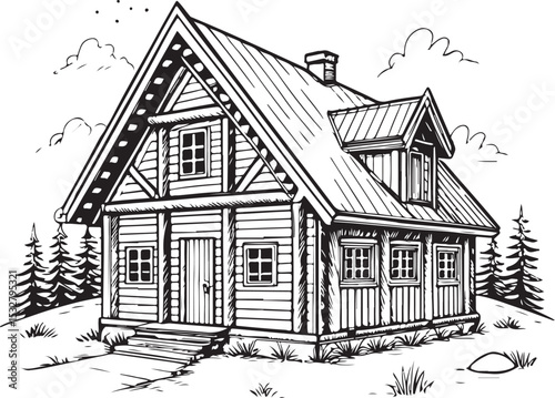 Log Cabin Nordic Chalet Vector Illustration, Sketch Drawing Line Linear Symbol Icon Engraving Coloring Book, Hand-drawn Black and White Isolated
