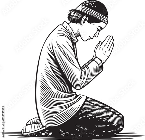 Praying Prayer Vector Illustration, Sketch Drawing Line Linear Symbol Icon Engraving Coloring Book, Hand-drawn Black and White Isolated