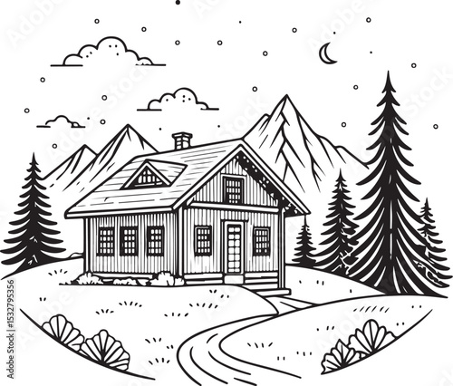 Log Cabin Nordic Chalet Vector Illustration, Sketch Drawing Line Linear Symbol Icon Engraving Coloring Book, Hand-drawn Black and White Isolated