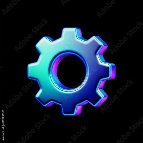3D Neon Gradient Glass Gear Icon – Futuristic Dispersion Cogwheel Symbol for Tech and UI Design