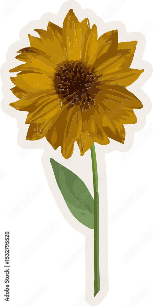 Fototapeta premium Sunflower is floating on transparent backdrop in flat design, showing bloom, stem and white outline