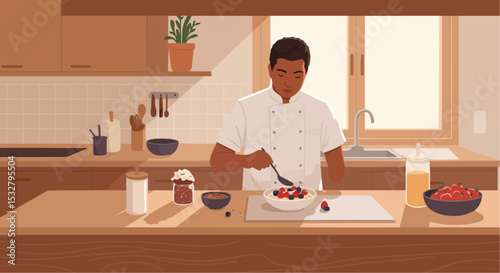Man preparing Berry Cheesecake Chia Pudding in modern kitchen  