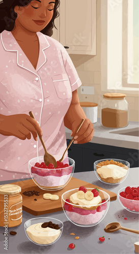 Woman preparing Berry Cheesecake Chia Pudding in cozy kitchen  