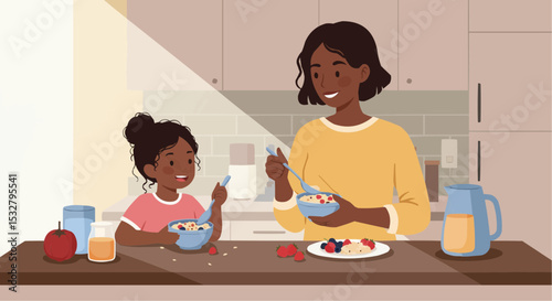Mother and daughter enjoying berry cheesecake chia pudding in kitchen  