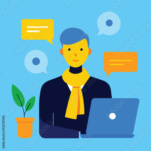 Vector Illustration Man Working on Laptop, Communicating Online