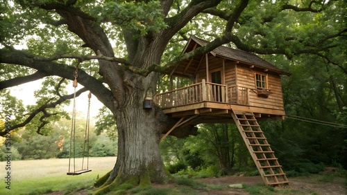 A rustic treehouse nestled in a large oak tree with a swing set.