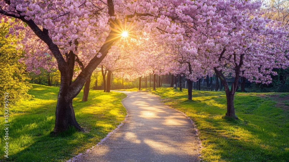 Fototapeta premium An inviting image of a winding path through a cherry blossom grove, with sunlight filtering through the branches, encouraging a leisurely stroll amidst nature's beauty