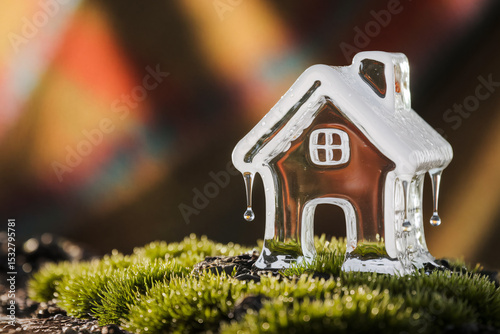 Melting ice sculpture of small house dripping onto moss in warm light, symbolizing climate change and environmental fragility