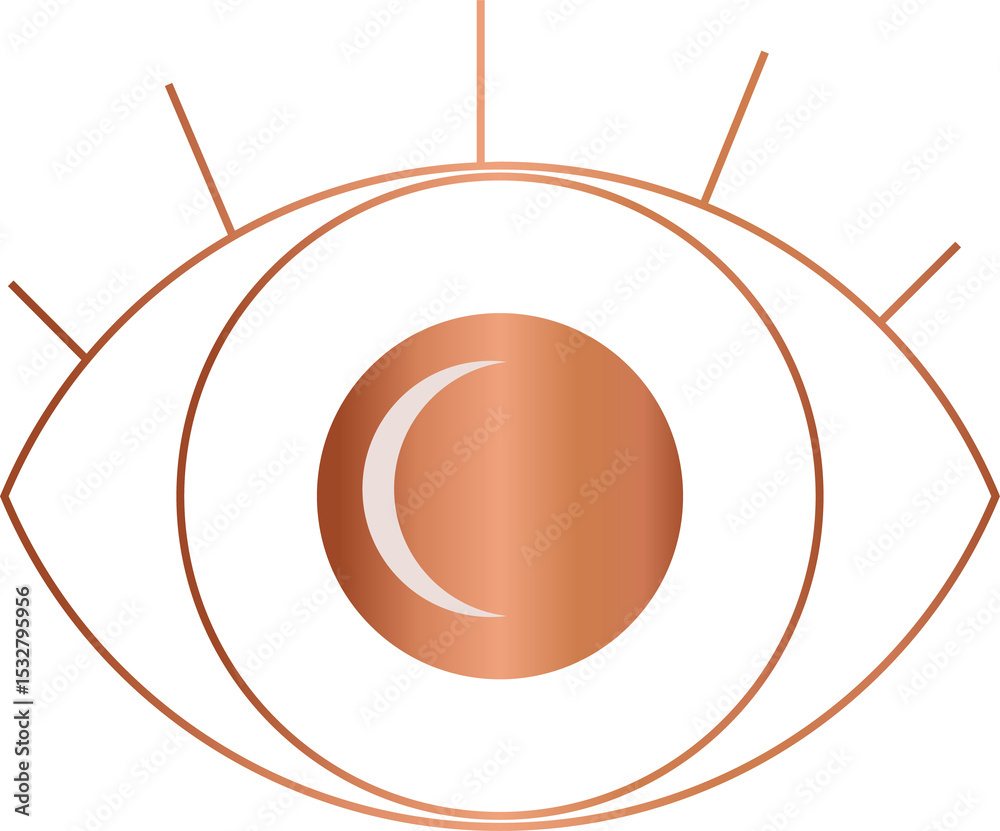 Naklejka premium Showing copper-gradient eye icon on transparent backdrop featuring five radial lines, crescent moon