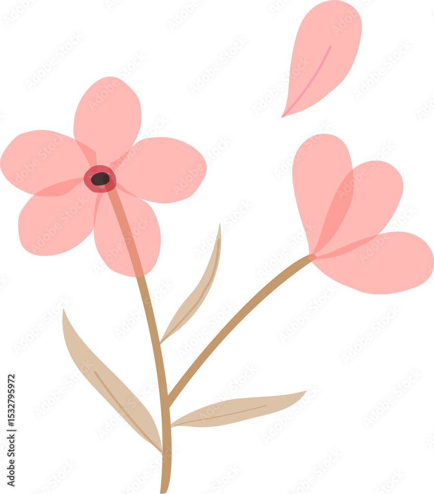 Naklejka premium Minimalist art is featuring coral pink flower with beige stem and leaves on transparent backdrop