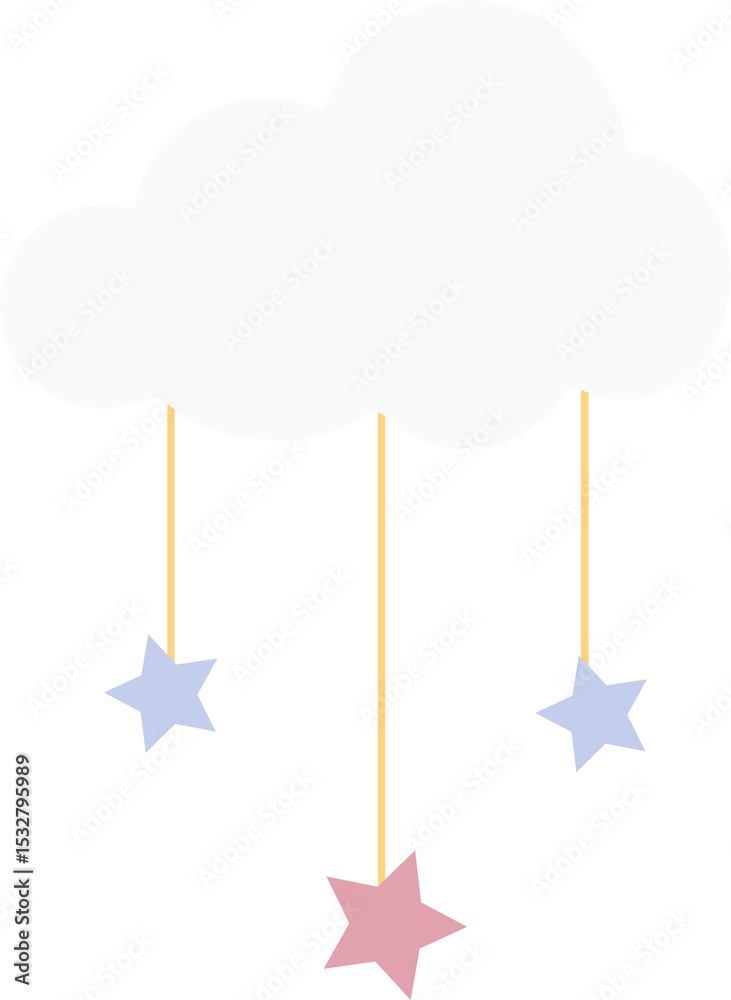 Obraz premium Minimalist cloud design is showing pastel stars hanging on gold rods over transparent background