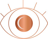 Showing copper-gradient eye icon on transparent backdrop featuring five radial lines, crescent moon