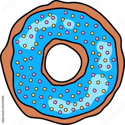 Flat design donut is floating on transparent background with blue icing and pink, yellow sprinkles