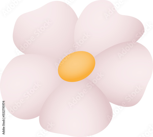 Flat stylized flower is showing six pale pink petals around yellow disc, transparent background