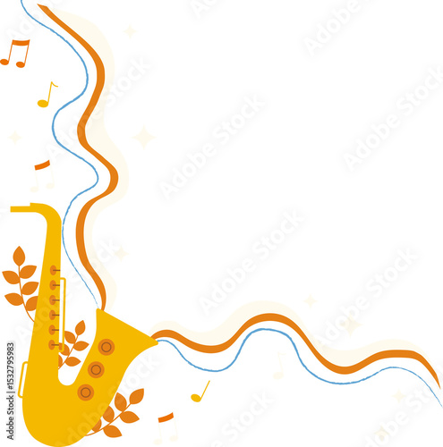 Stylized yellow saxophone is sending ribbons foliage notes sparkle stars on transparent background