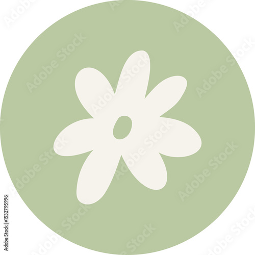 White daisy icon is floating on transparent background, featuring flat sage green circle