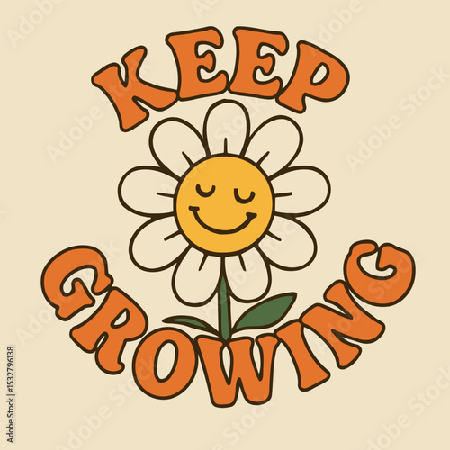 Retro Groovy “Keep Growing” Slogan Print with Smiling Daisy Vector