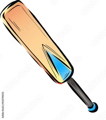 Cartoon cricket bat is floating on transparent background showing gradient blade and blue sticker