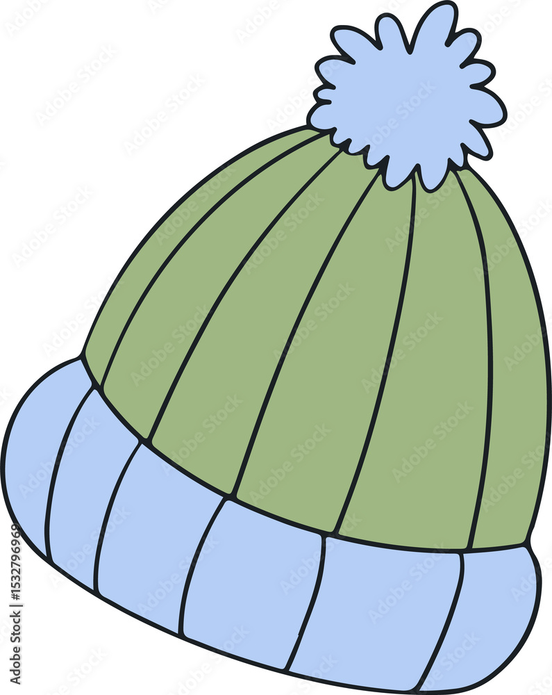 Naklejka premium Winter beanie is showing flat design with ribbed knit, folded cuff, pom-pom, transparent background