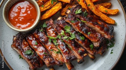 An overhead view of a plate of tender, fall-off-the-bone pork ribs, garnished with fresh herbs and served with a side of sweet potato fries and dipping sauce.