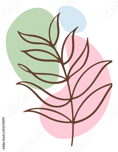 Abstract brown line branch is floating over pastel ovals on transparent background, copy space