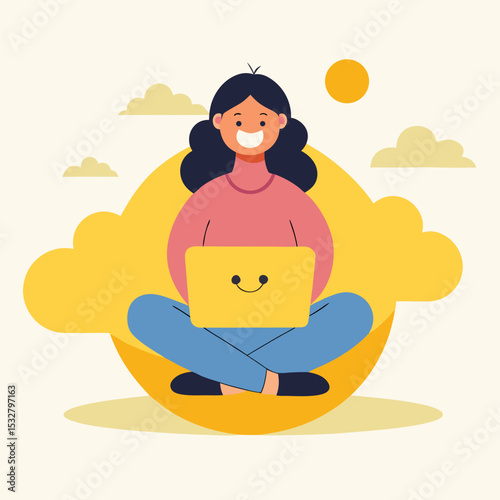 Happy Woman Working on Laptop in Cloud Vector Illustration