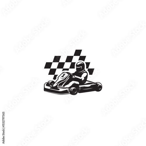 Monochrome kart racer with checkered flag graphic style vector illustration