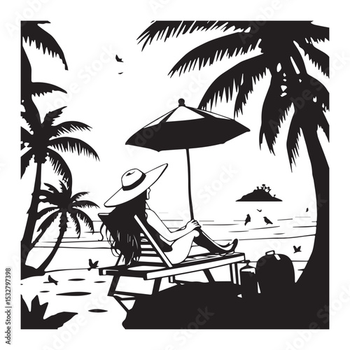 Silhouette of woman relaxing on beach lounger under palm trees