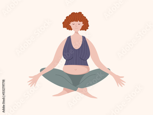 Flat cartoon illustration of a woman with a realistic body sitting in lotus pose. Body neutrality, mindfulness, meditation, and self-acceptance. Calm atmosphere. Minimal clean style.